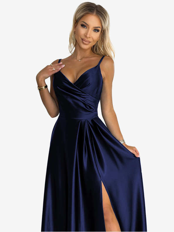 numoco Елегантна макси рокля без презрамки от сатен - тъмно синя Numoco CHIARA