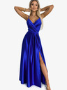 numoco Елегантна дълга сатенена рокля с деколте и разрез на крачолите - синя Numoco JULIET