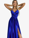 numoco Елегантна дълга сатенена рокля с деколте и разрез на крачолите - синя Numoco JULIET
