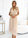 numoco Плисирана миди рокля от шифон с деколте и деликатни къдрички - бежова Numoco MIRABELLA