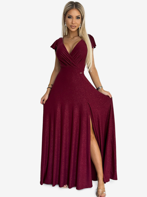 numoco Блестяща дълга рокля с деколте - бургундско Numoco CRYSTAL