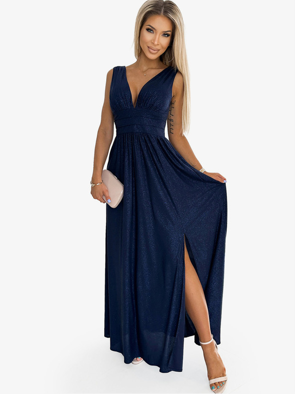 numoco Дълга рокля от брокат с деколте и шев на талията - тъмносиня Numoco SUSAN