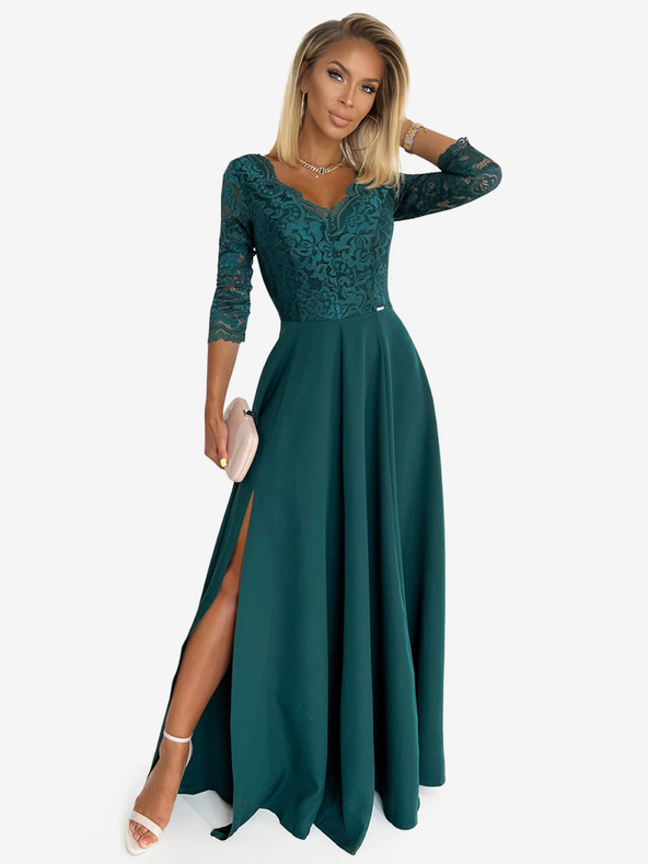 numoco Елегантна дантелена дълга рокля с деколте - зелена Numoco AMBER
