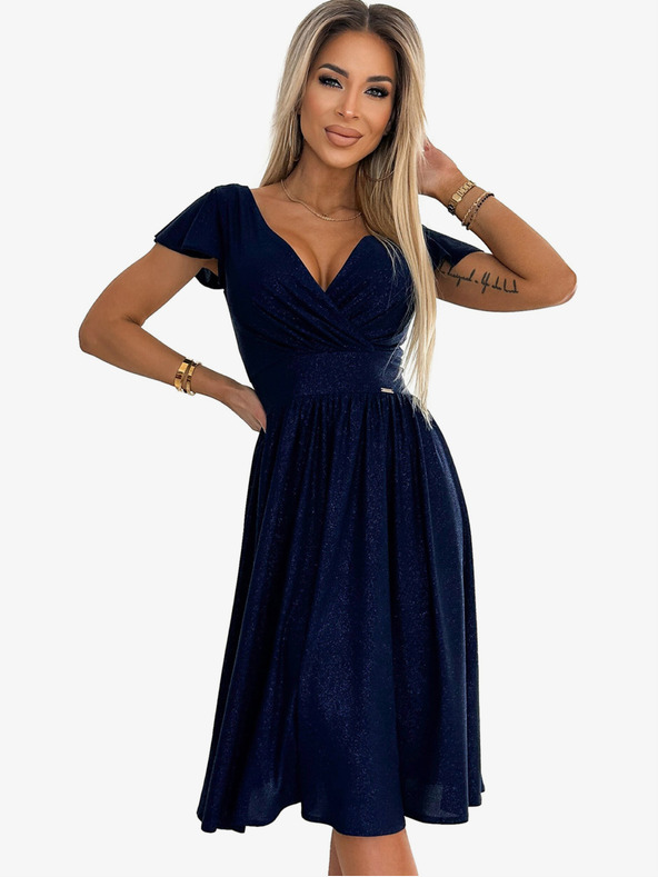 numoco Рокля с къс ръкав и деколте - тъмно синя с брокат Numoco MATILDE