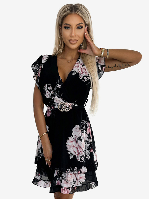 numoco Рокля с деколте тип "молив" - черна с розички Numoco PATRIZIA