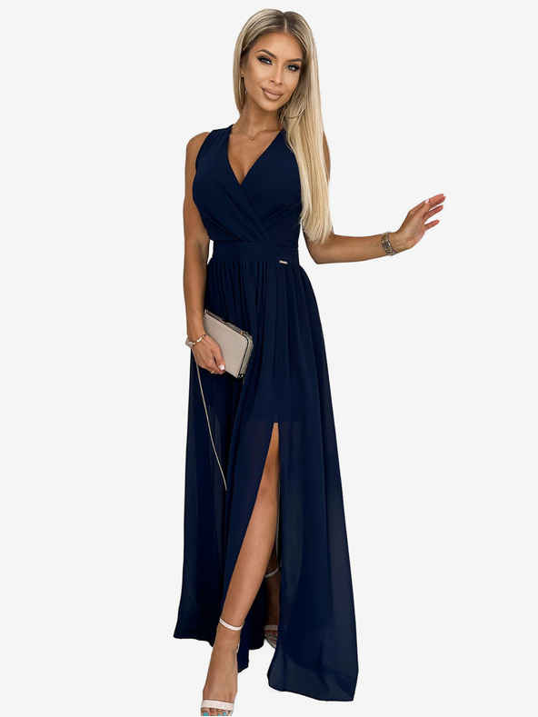 numoco Дълга рокля с деколте и вратовръзка - тъмно синя Numoco JUSTINE
