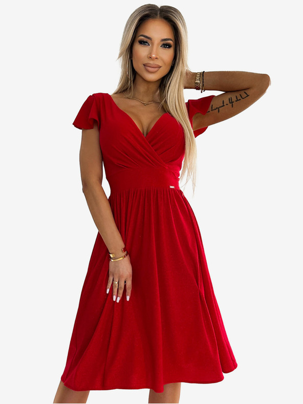 numoco Рокля с деколте и къс ръкав - червена с брокат Numoco MATILDE