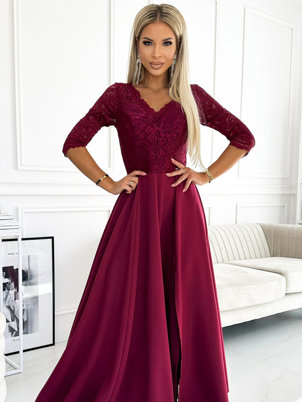 numoco Елегантна дълга макси рокля с дантелено деколте - бордо Numoco AMBER