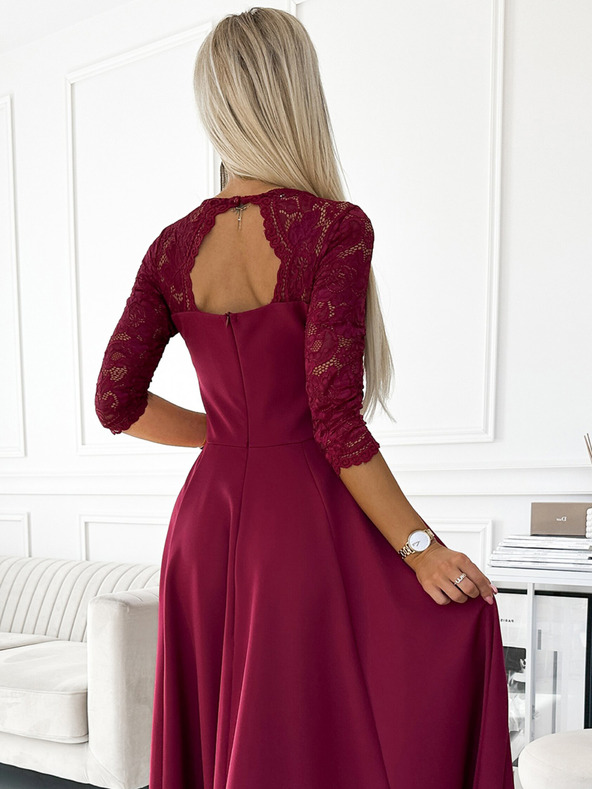 numoco Елегантна дълга макси рокля с дантелено деколте - бордо Numoco AMBER