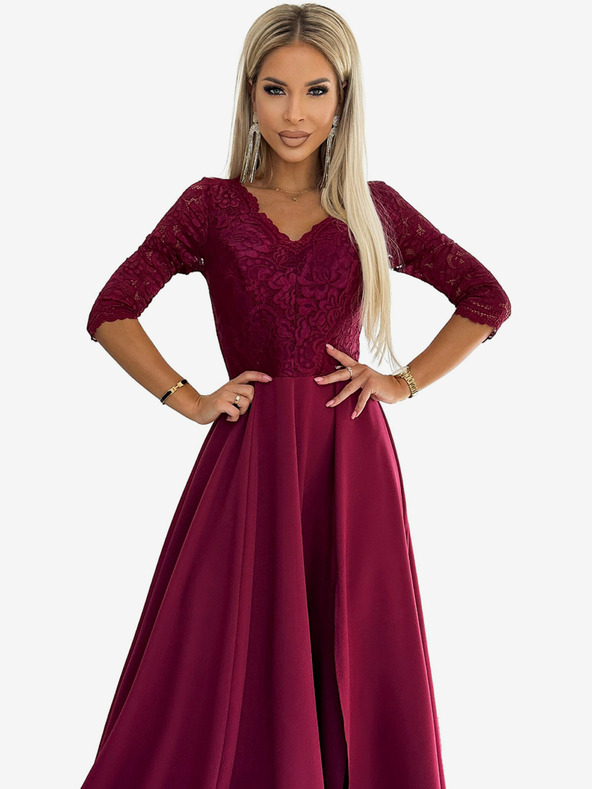 numoco Елегантна дълга макси рокля с дантелено деколте - бордо Numoco AMBER