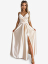 numoco Елегантна дълга сатенена рокля с деколте и разрез на крачола - бежова Numoco JULIET