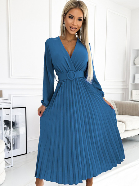 numoco Плисирана миди рокля с деколте, дълги ръкави и широк колан Numoco VIVIANA