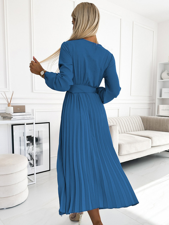 numoco Плисирана миди рокля с деколте, дълги ръкави и широк колан Numoco VIVIANA