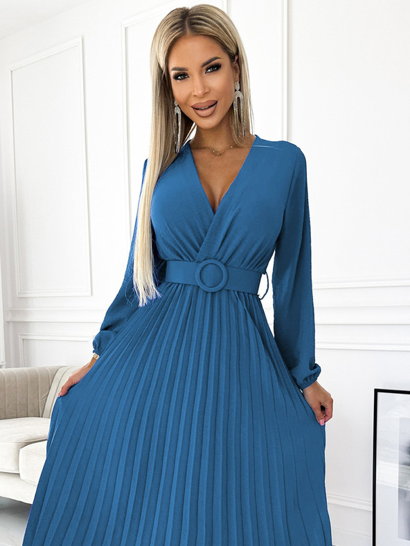 numoco Плисирана миди рокля с деколте, дълги ръкави и широк колан Numoco VIVIANA