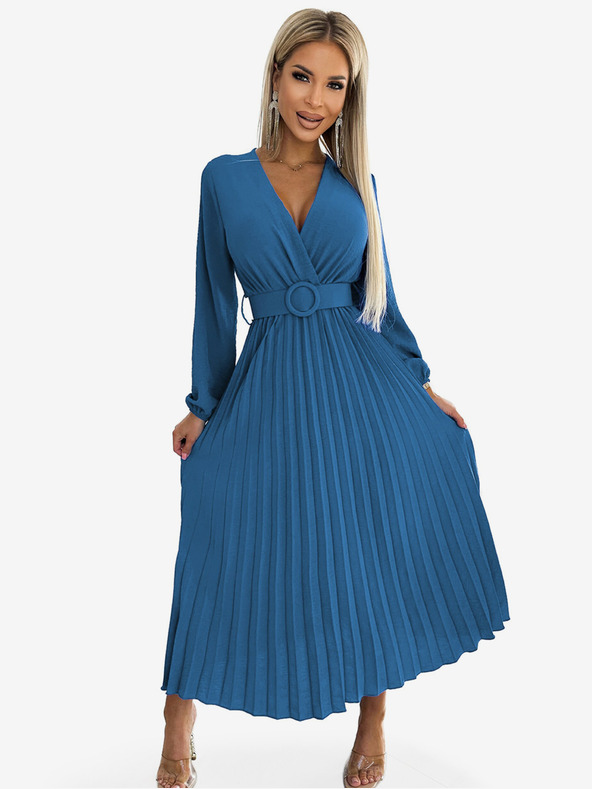 numoco Плисирана миди рокля с деколте, дълги ръкави и широк колан Numoco VIVIANA