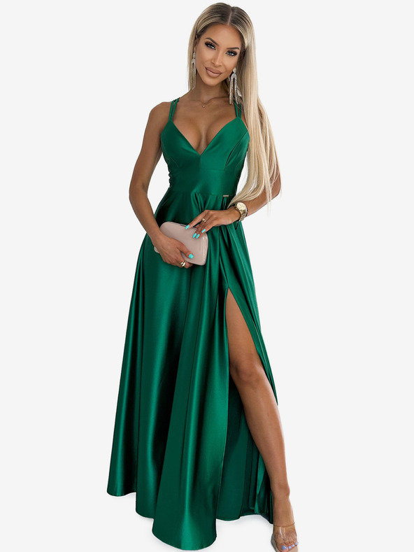 numoco Елегантна дълга сатенена рокля с кръстосано деколте и презрамки - зелена Numoco LUNA