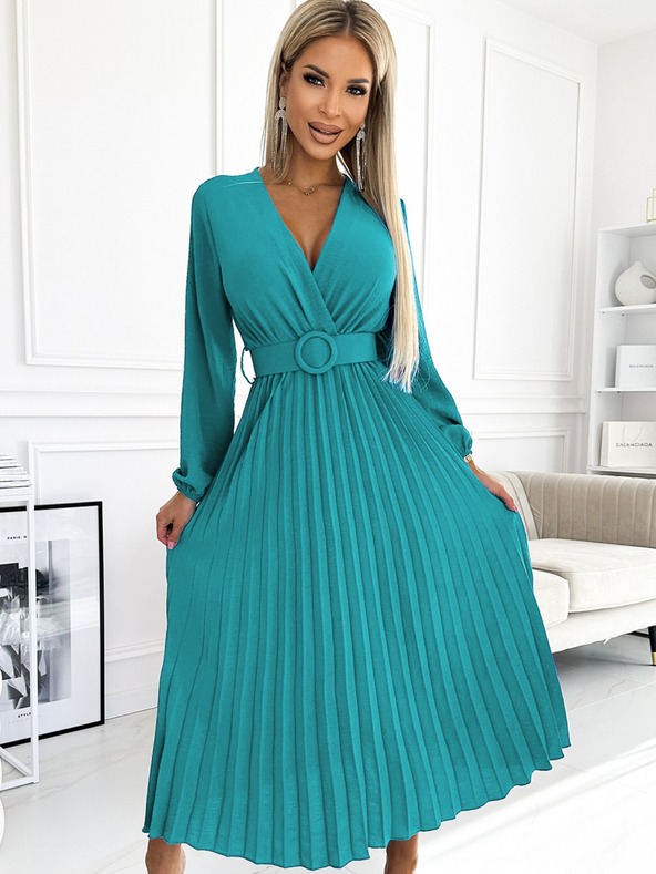 numoco Плисирана миди рокля с деколте, дълги ръкави и широк колан - морски цвят Numoco VIVIANA