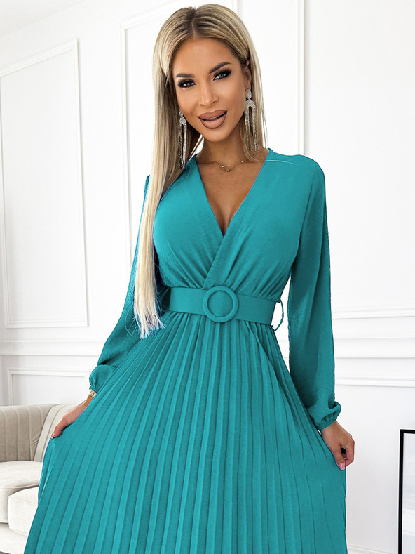 numoco Плисирана миди рокля с деколте, дълги ръкави и широк колан - морски цвят Numoco VIVIANA