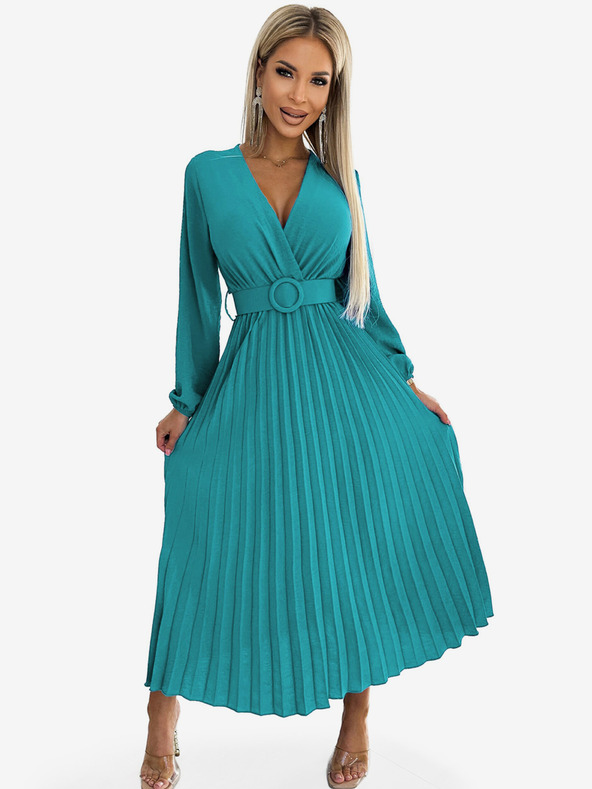numoco Плисирана миди рокля с деколте, дълги ръкави и широк колан - морски цвят Numoco VIVIANA