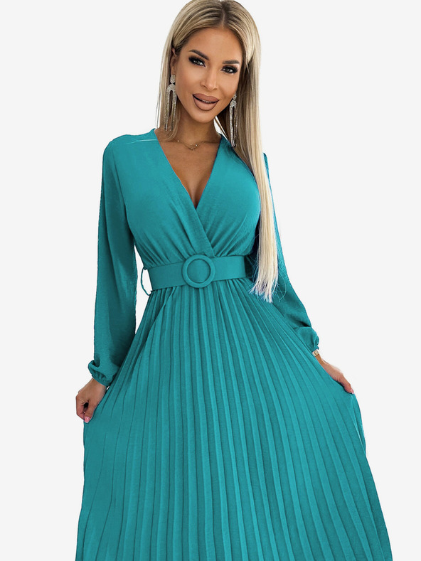 numoco Плисирана миди рокля с деколте, дълги ръкави и широк колан - морски цвят Numoco VIVIANA