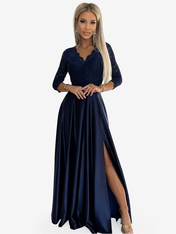 numoco Рокля от дантела и дълъг сатен с деколте - тъмно синьо Numoco AMBER