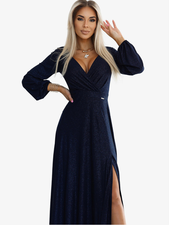 numoco Блестяща дълга рокля с дълги ръкави - тъмно синя Numoco NELA