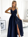 numoco Елегантна дълга сатенена рокля с деколте - тъмносиня Numoco JULIET