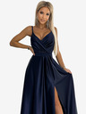 numoco Елегантна дълга сатенена рокля с деколте - тъмносиня Numoco JULIET