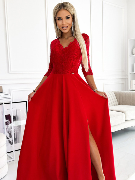 numoco Елегантна дълга рокля от дантела с деколте и разкрояване на крачолите - червена Numoco AMBER