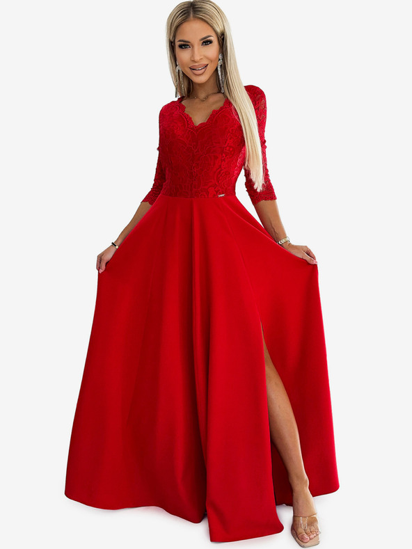 numoco Елегантна дълга рокля от дантела с деколте и разкрояване на крачолите - червена Numoco AMBER
