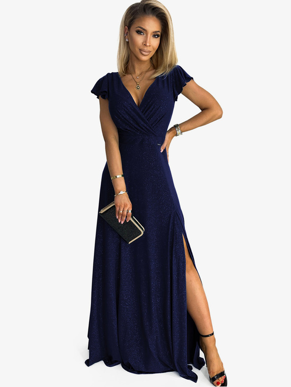 numoco Дълга блестяща рокля с деколте - тъмно синя Numoco CRYSTAL