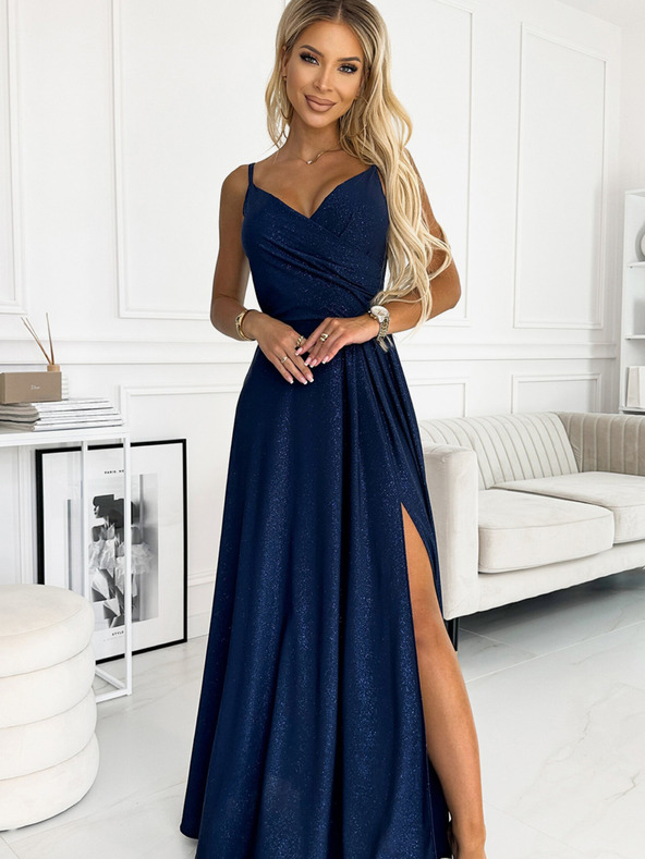 numoco Елегантна макси рокля без презрамки - тъмносиня с брокат Numoco CHIARA