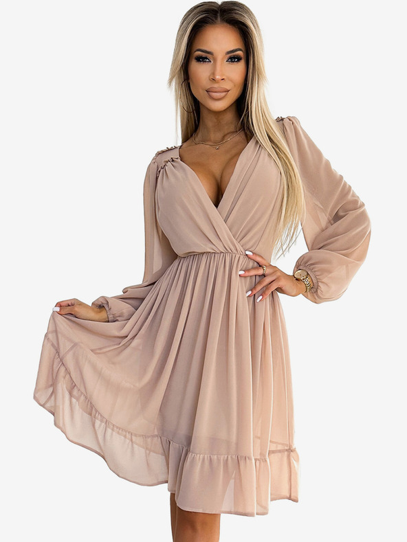 numoco Шифонена миди рокля с дълги ръкави и деколте - бежова Numoco MILA