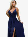 numoco Елегантна дълга блестяща рокля с деколте и разрез на крачолите - тъмно синя с брокат Numoco JULIET