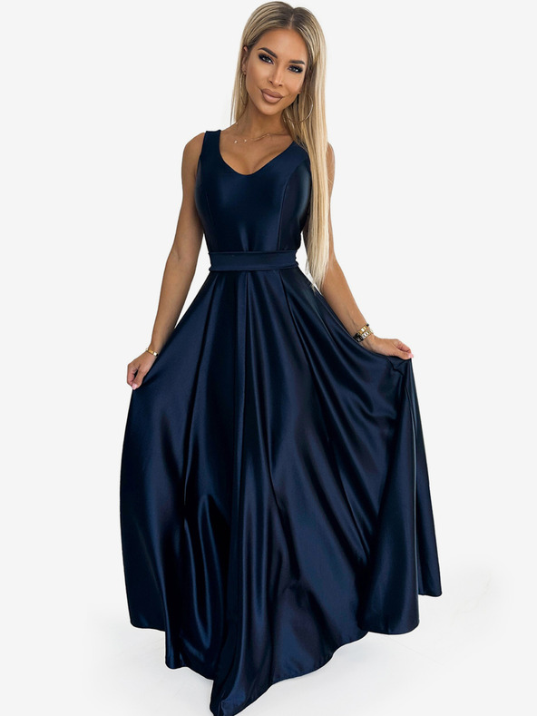numoco Дълга сатенена миди рокля с деколте и панделка - тъмносиня Numoco CINDY