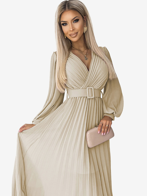 numoco Рокля с колан и деколте - бежова Numoco KLARA