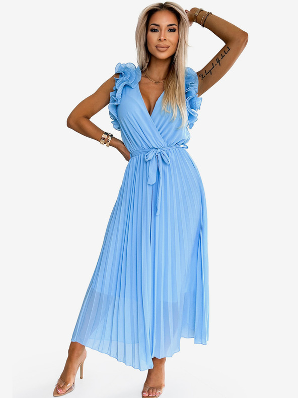 numoco Плисирана миди рокля от шифон със сърцевидно деколте и деликатни волани - светлосиня Numoco MIRABELLA