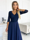 numoco Елегантна дълга дантелена рокля с деколте - тъмно синя Numoco AMBER