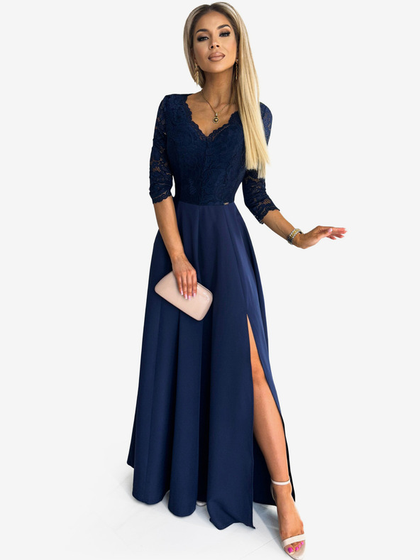 numoco Елегантна дълга дантелена рокля с деколте - тъмно синя Numoco AMBER