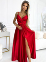 numoco Елегантна дълга сатенена рокля с деколте и разрез на крачолите - червена Numoco JULIET