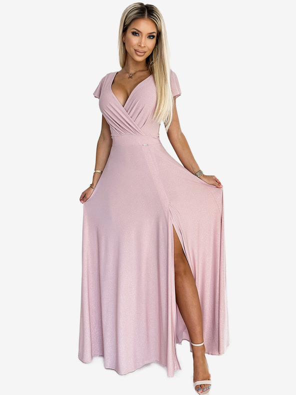 numoco Блестяща дълга рокля с деколте - мръсно розово Numoco CRYSTAL