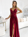 numoco Елегантна дълга рокля от сатен с деколте и разрез на крачолите - бургундско Numoco JULIET