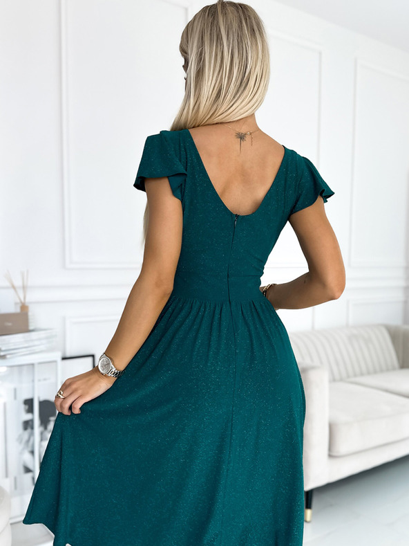 numoco Рокля с деколте и къси ръкави - зелена с брокат Numoco MATILDE