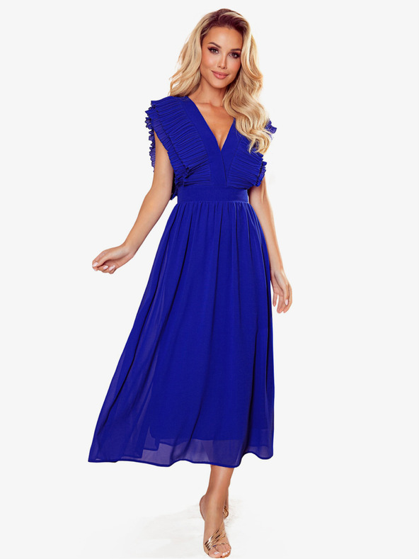 numoco Миди рокля с рюшове и деколте - синя Numoco YANA