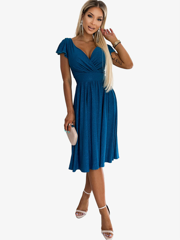 numoco Къса рокля с деколте и къси ръкави - тъмносиня с брокат Numoco MATILDE