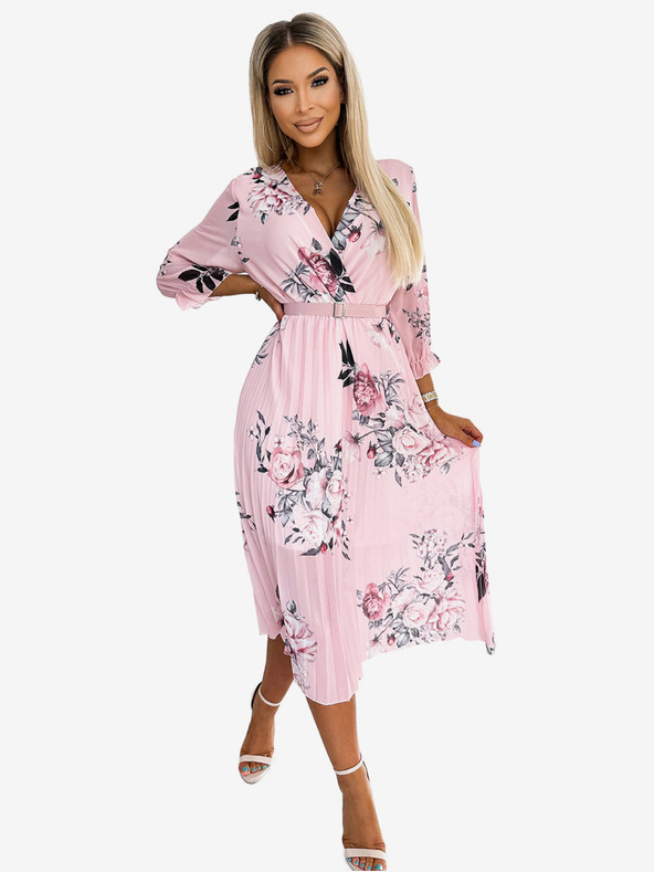 numoco Плисирана миди рокля с деколте и колан - роза на пастелно розова основа Numoco YUNA