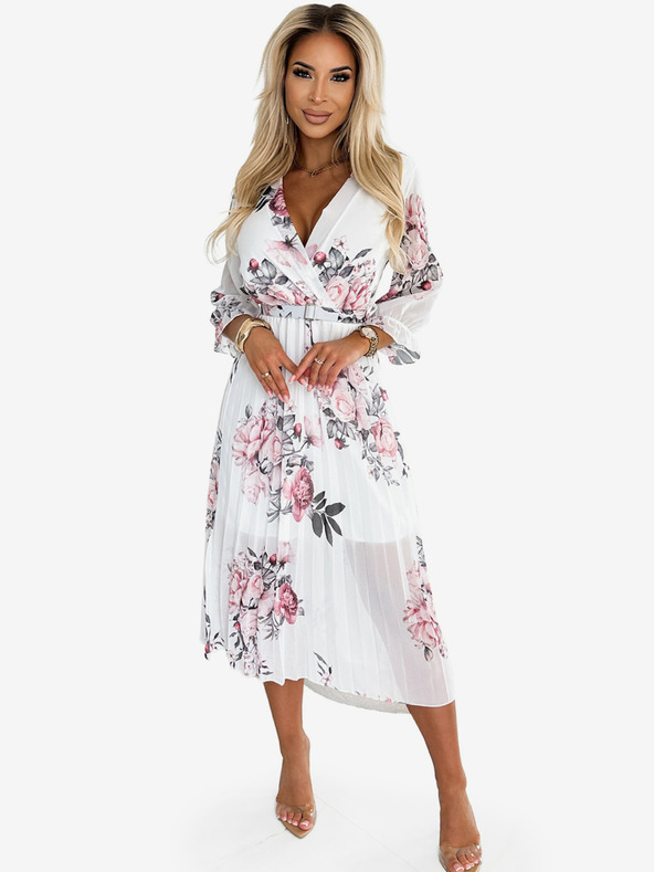 numoco Плисирана миди рокля с деколте и колан - роза на бял фон Numoco YUNA