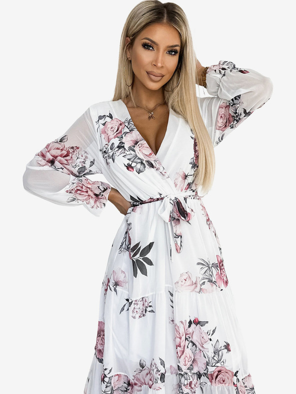 numoco Миди рокля с деколте и колан - бяла с рози Numoco VALENTINA