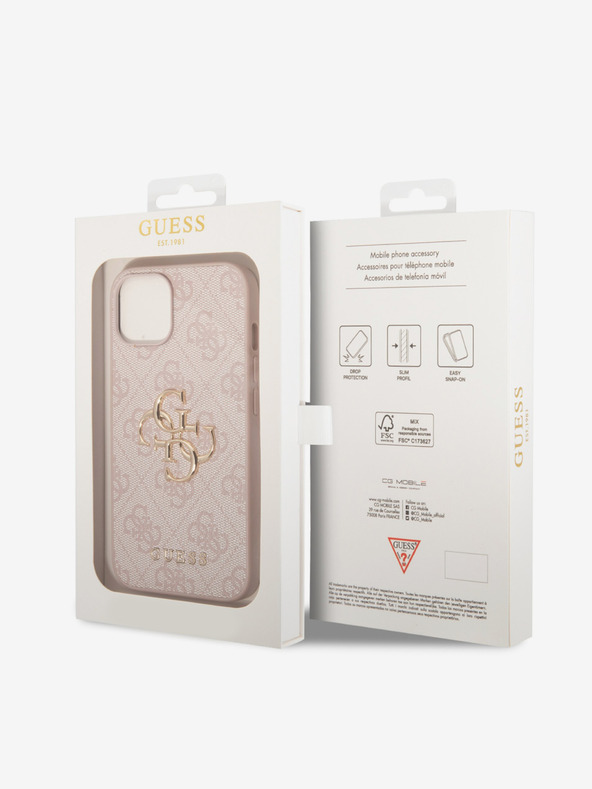 Guess PU 4G Metal Logo Zadní Kryt pro iPhone 15 Pink Калъф за телефон