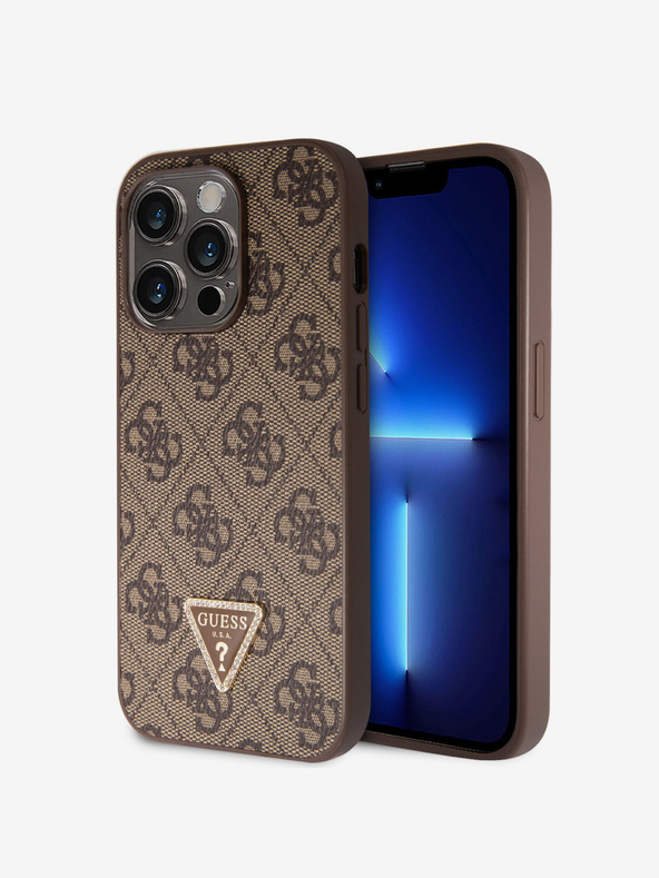 Guess Guess PU 4G Strass Triangle Metal Logo Back Cover за iPhone 15 Pro Brown